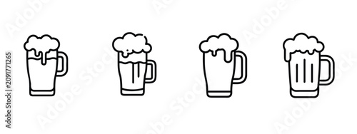 Foto Beer mug drinks line icons set with foaming ale glass, craft brewery tankard, cold pint lager cup & more vector illustration with editable stroke