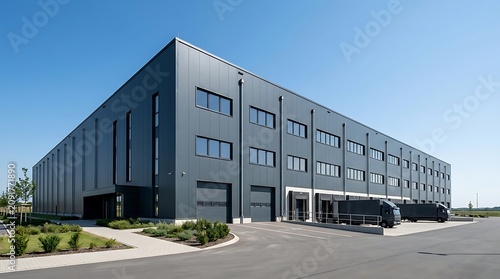 Exterior view of a modern dark metal warehouse or logistics center building