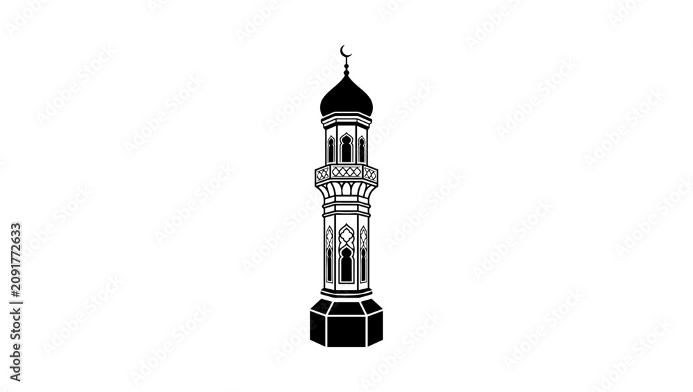 Obraz premium Decorative mosque minaret illustration, monochrome vector design, isolated on white background minimal design and icon