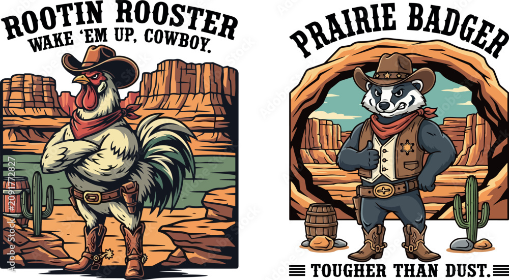 Fototapeta premium Western Animal Mascot Bundle Rooster and Badger Cowboy Vector T Shirt Design Set