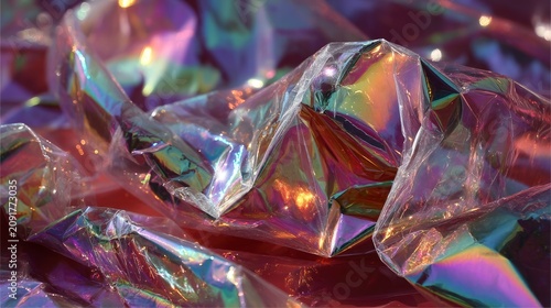 Iridescent cellophane texture, crinkled transparent film, colorful light refraction, party wrapping material background