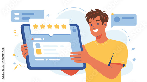 Smiling young man in a yellow shirt holding a tablet computer displaying a five star customer review rating and feedback.