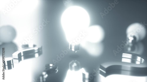 Glowing Light Bulb Surrounded by Question Marks Symbol of Innovation, Curiosity, and Creativity in Bright and Dark Contrast, Inspiring Ideas and Solutions in Monochromatic Atmosphere