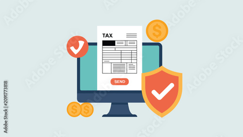 Online tax filing concept on a computer screen with a document, send button, security shield, and gold dollar coins icons.
