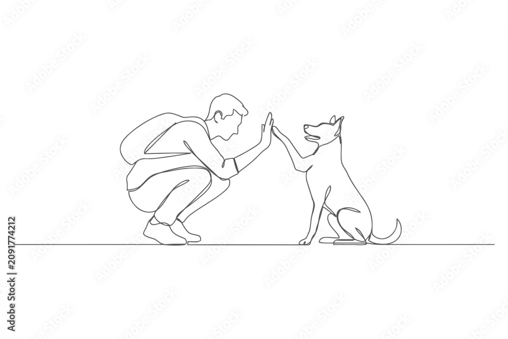 Fototapeta premium Minimalist line art drawing of a man giving a high five to dog