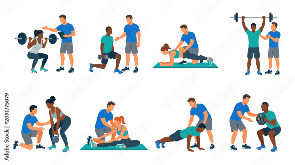 Fototapeta premium Personal trainers assisting diverse people with various fitness exercises.