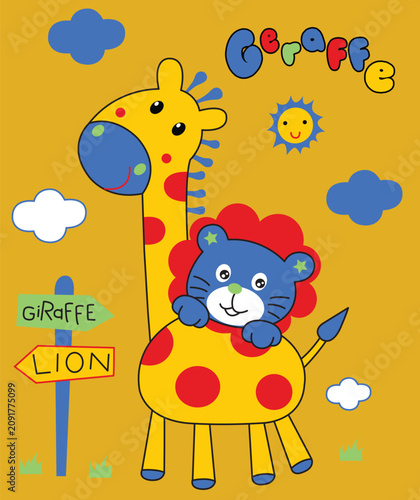 Playful cartoon lion cub sitting on a tall friendly giraffe, cute zoo animals vector for baby tank top print