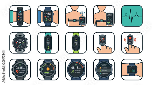 Fitness tracker and smartwatch vector icon set.