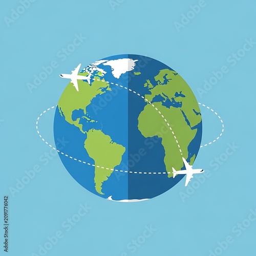 White Airplanes Circling Blue and Green Earth on Light Blue Background