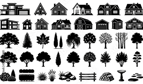 Fotografie Decorative House and Tree Silhouette Vector Pack with Black Home Buildings Lands