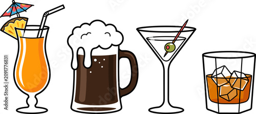 Konstfotografi Colorful Alcoholic Beverage and Cocktail Vector Icon Set Featuring Tropical Juic