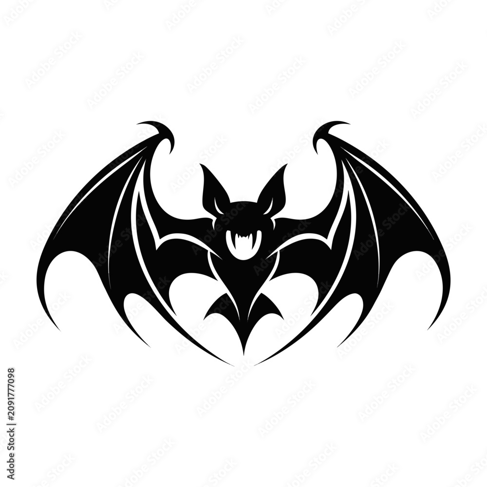 Obraz premium Stylized bat silhouette vector, aggressive flying bat logo with sharp wings, gothic vampire bat icon for Halloween branding and tattoo design
