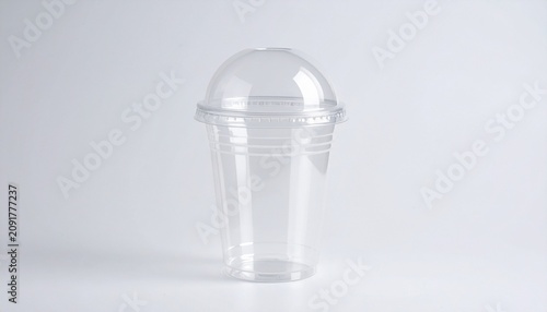 Transparent plastic cup with dome lid placed upright on a clean white background, minimal.
