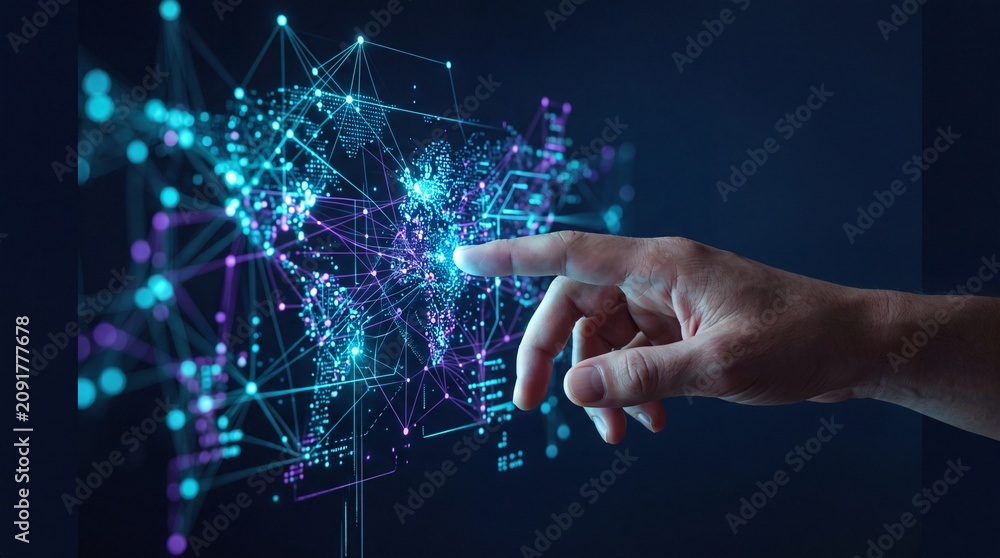 Fototapeta premium Human hand interacting with a glowing digital world map and network interface representing global connectivity and technology