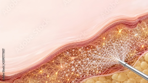 Close-up of skincare treatment injecting glowing serum into skin cross section with needle and energy effect