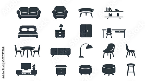 Set of modern home furniture icons for interior design.