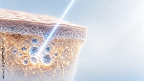 Highly detailed cross section of skin showing cellular structure with laser beam highlighting treatment process
