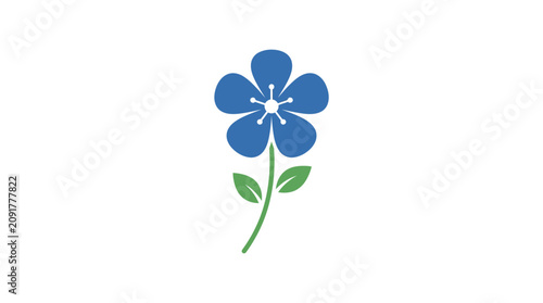 Simple Blue Flower Illustration with Green Stem and Leaves
