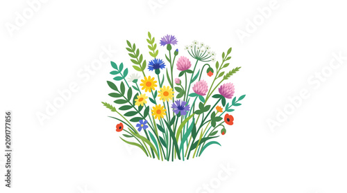 Colorful bouquet of wildflowers and green leaves on a white background