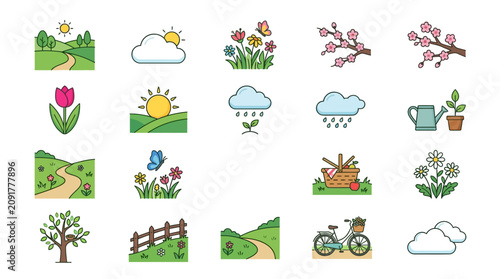 Cute Vector Icons for Spring Season and Outdoor Activities