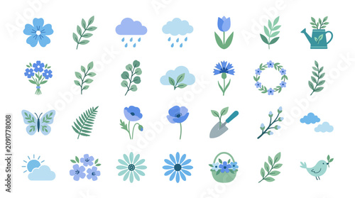 Gentle blue and green spring nature elements in flat design style.