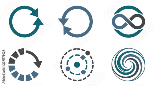 Collection of abstract refresh, cycle, and infinity symbols in blue and teal vector illustrations.