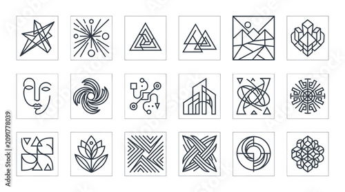 Collection of diverse abstract line art minimalist geometric designs and symbols.