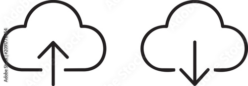 Cloud upload and cloud download icons in minimal black outline vector illustration