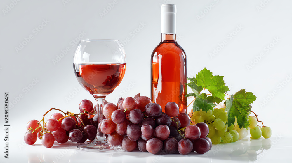 Obraz premium A refreshing glass of rose wine accompanied by fresh red and green grapes on a clean white background.
