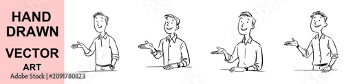 Foto Hand drawn smiling businessman presenting gesture vector illustration with frien