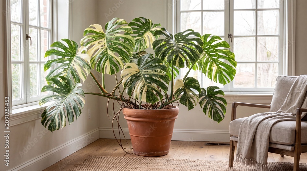 Fototapeta premium Large variegated monstera plant flourishing in terracotta pot by window