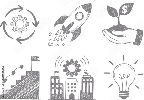 Business growth and innovation rocket, plant, stairs, lightbulb, gears