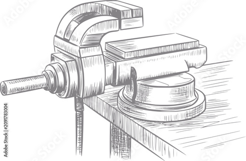 Photos Of a bench vise clamping a piece of wood on a table