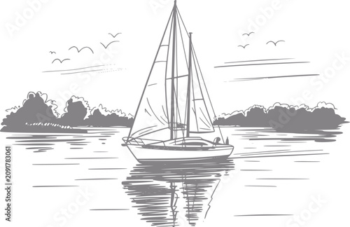 Canvas Print Of a sailboat on calm water with trees and birds