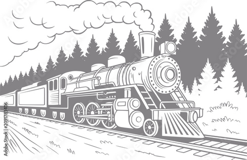 Quadro su tela Vintage steam train chugging through a forest landscape, emitting smoke