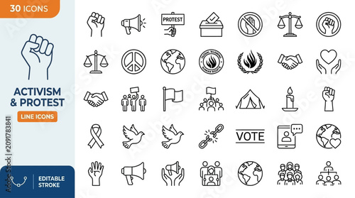 Comprehensive Collection of Thirty Minimalist Linear Outline Icon Symbols Representing Global Activism Social Justice Protest Civil Rights Demonstration and Political Movement for Digital Design