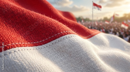 Indonesian flag waving above a celebratory crowd.