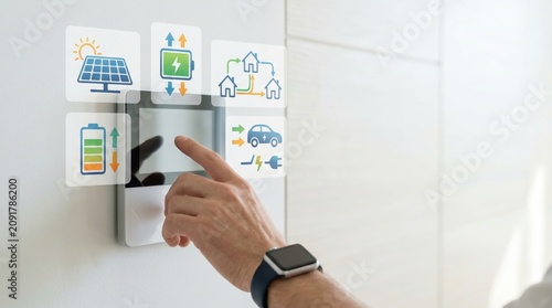 Hand interacting with smart home energy management system touchscreen, controlling solar panels, battery storage, electric vehicle charging, and power distribution grid efficien...