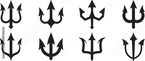 Foto Black trident icon set, Trishul, pitchfork, Hindu religious symbol, ceremonial weapon icons, mythology emblem, spiritual design elements, and professional vector collection