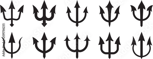 Obraz na płótnie Black trident icon set, Trishul, pitchfork, Hindu religious and ceremonial symbol, devil trident emblem, mythology graphics, and modern vector illustration collection