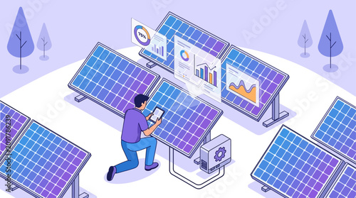 Isometric 3D illustration of a professional technician inspecting efficiency of sustainable photovoltaic solar panel array modules in a modern renewable energy field power station