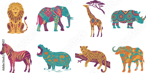 Canvas Print Set of Ornamental African Safari Animals Featuring Tribal Patterns and Colorful
