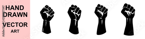 Hand drawn raised fist vector illustration representing strength, unity, protest, empowerment, resistance, freedom symbol, bold monochrome mascot, editable graphic design artwork