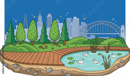 Φωτογραφία City park with duck pond and night skyline vector illustration