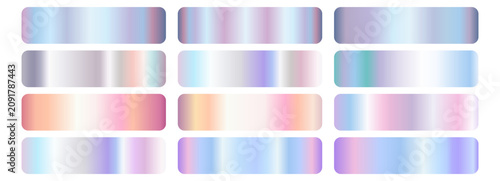 Holographic gradient swatch set. rectangular. Iridescent pearl, lavender, pink, mint, blue foil shades. Glossy multicolor bands, aurora effect. For label, ribbon, badge, frame. Vector metallic texture