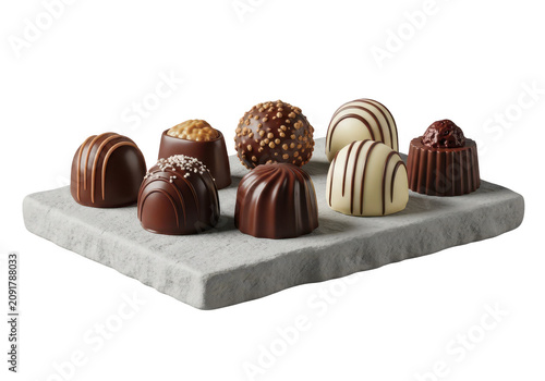 Assorted chocolate bonbons on plate.