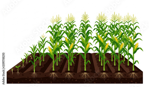 Billede på lærred Maize plants growing in cultivated field vector illustration