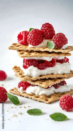 Stack of crispbread with white cream and fresh red raspberries on a clean white background