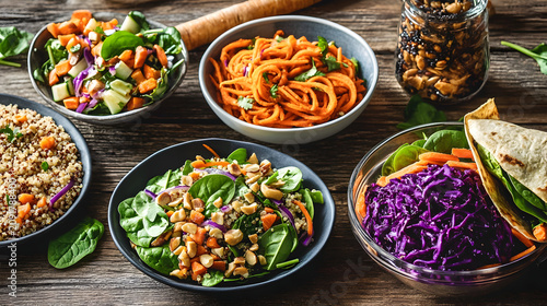Selection of healthy plant based meals with salads grain bowls and vegetable noodles on a rustic wooden table