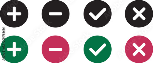 Bild auf Leinwand Plus, minus, check mark and cross icons in circular buttons, outline style, isol